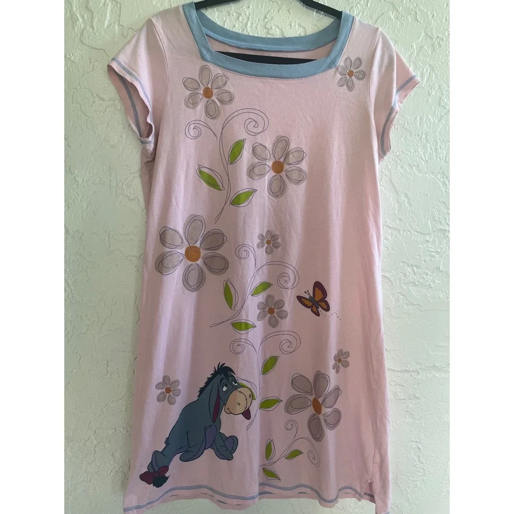 Disney Store Eeyore Nightgown Womens Medium Pink Blue Floral Cotton Sleep Shirt - Picture 2 of 6